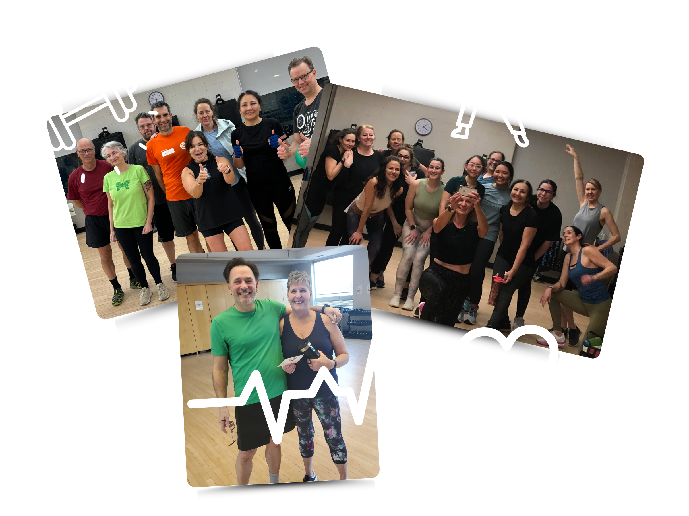 a collage of photos of happy members posing for a photo after a class